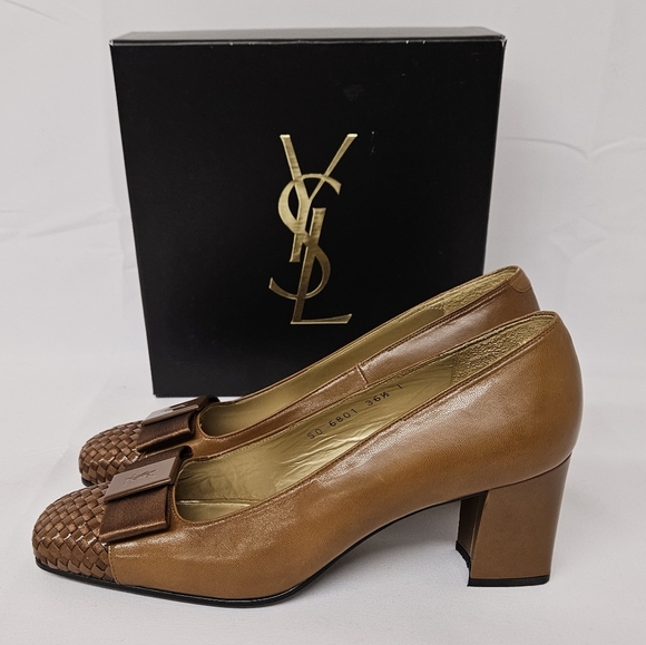 Yves Saint Laurent Woven Leather And Satin Bow Heels In Brown And Bronze Sz 6.5 - Picture 7 of 15